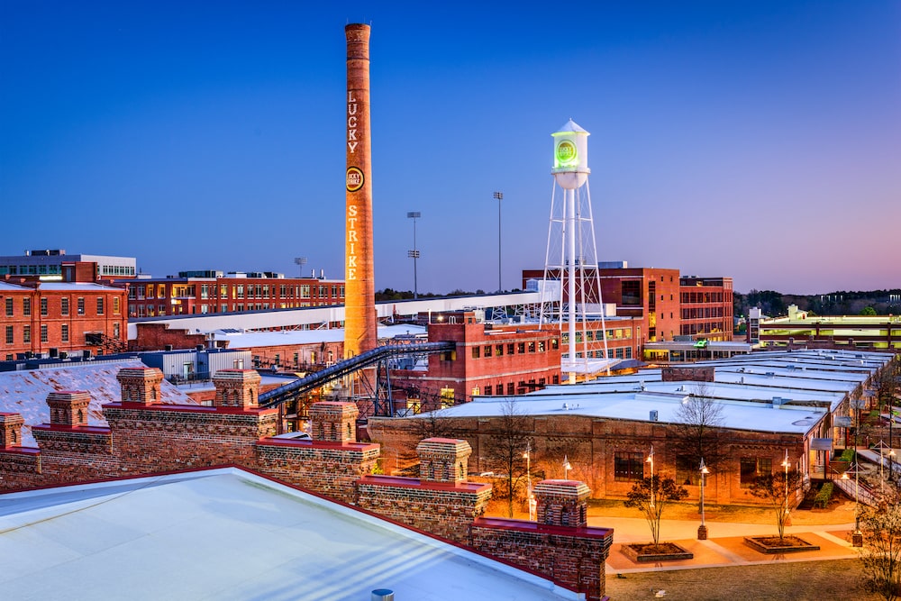 Landscape shot of factory buildings in the Lucky Strike factory