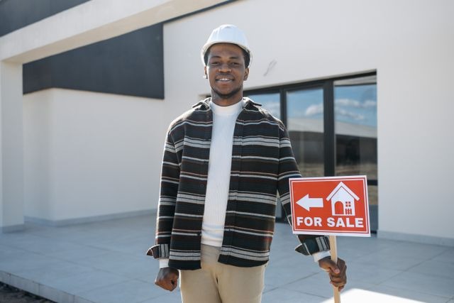 person holding a house for sale sign