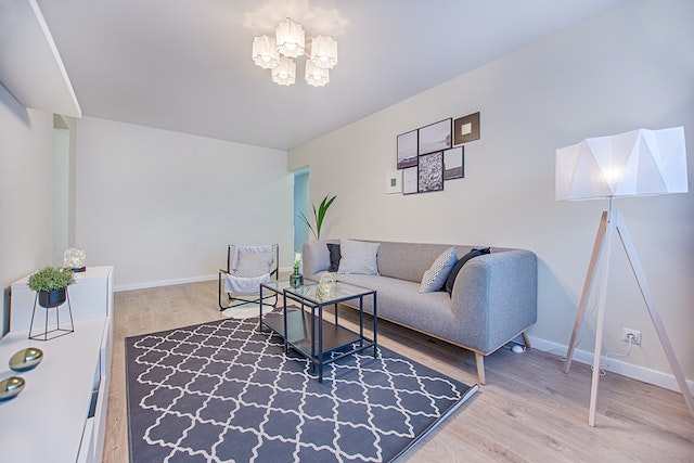 furnished living room with blue rug a grey couch and blue grey artwork on walls