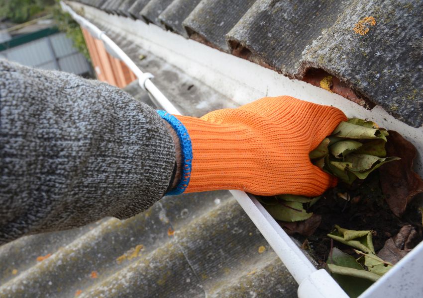 person-wearing-an-orange-glove-cleaning-out-the-gutters